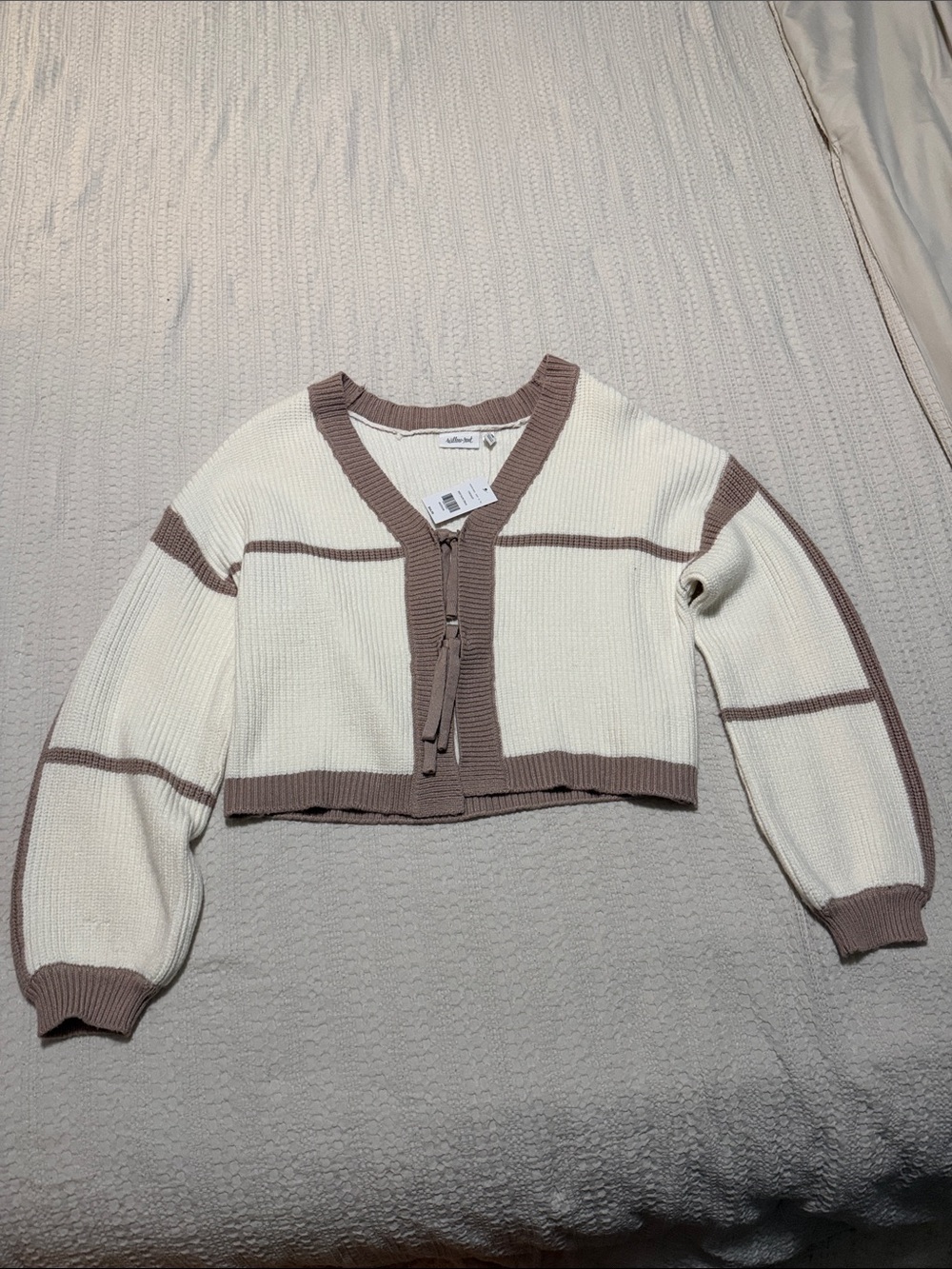 Cropped Cream Cardigan with Taupe Trim - Tie Front